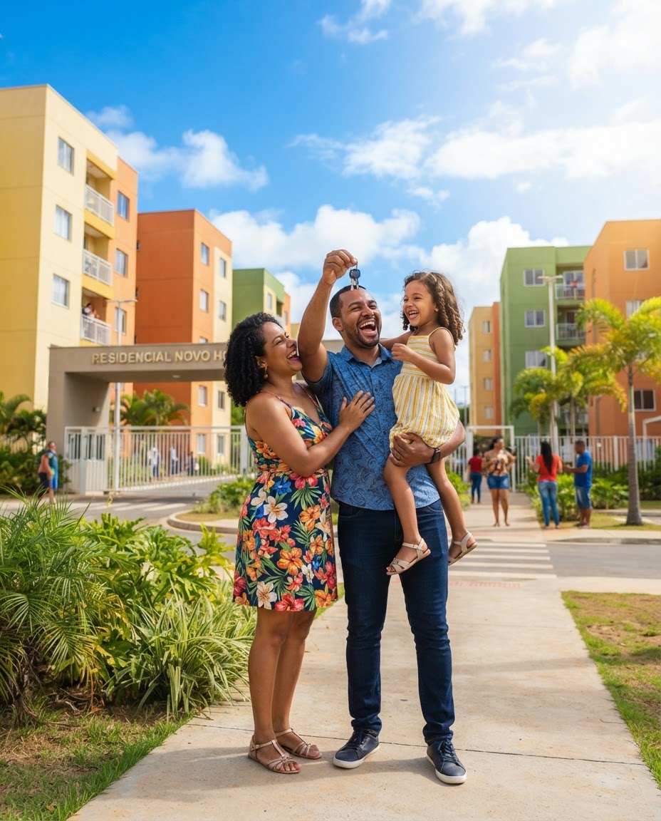 Família comemorando as chaves do apartamento novo conquistado pelo Minha Casa Minha Vida